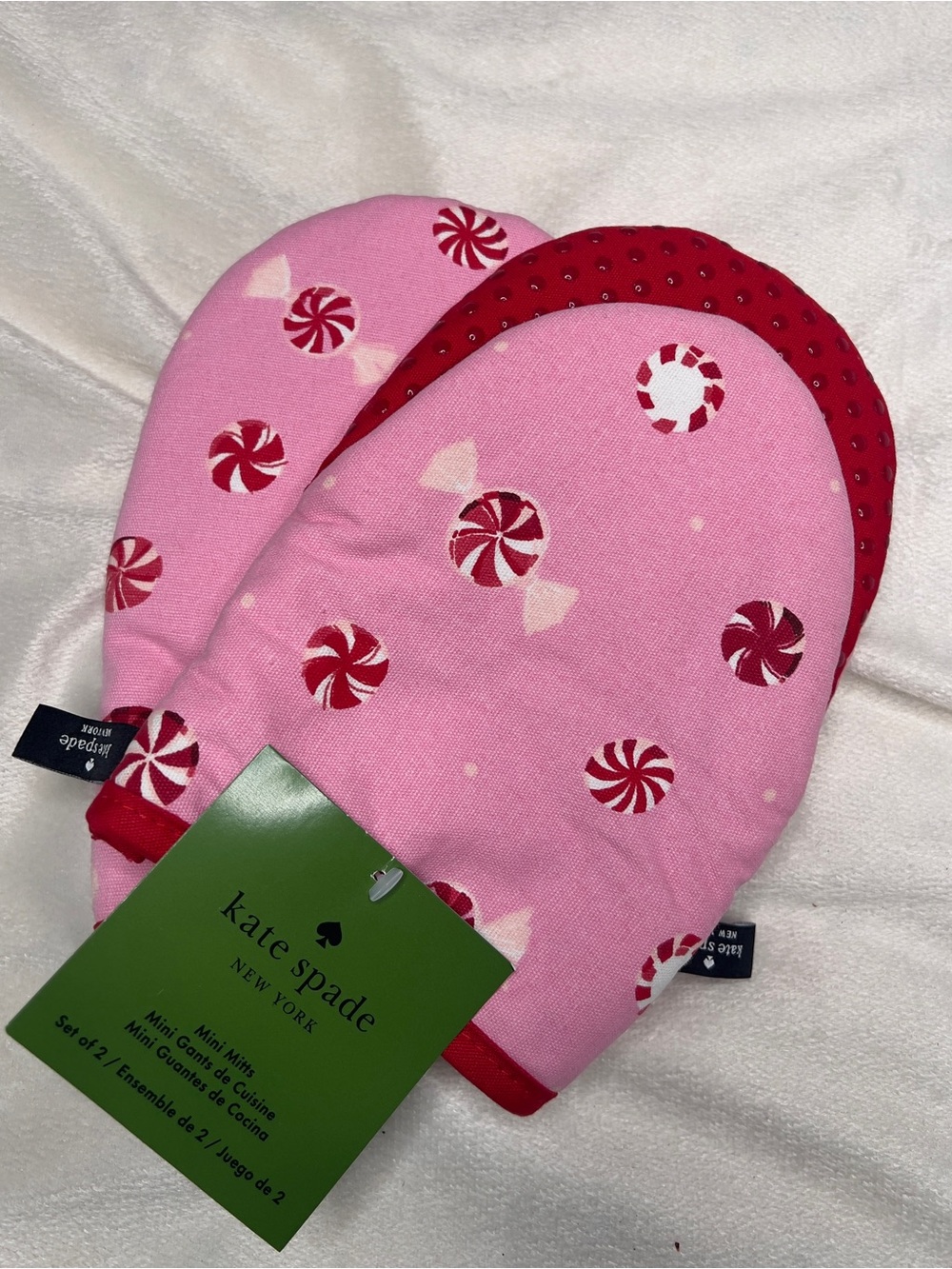 Kate Spade Pink Peppermint Print Oven Mitts with Red Trim